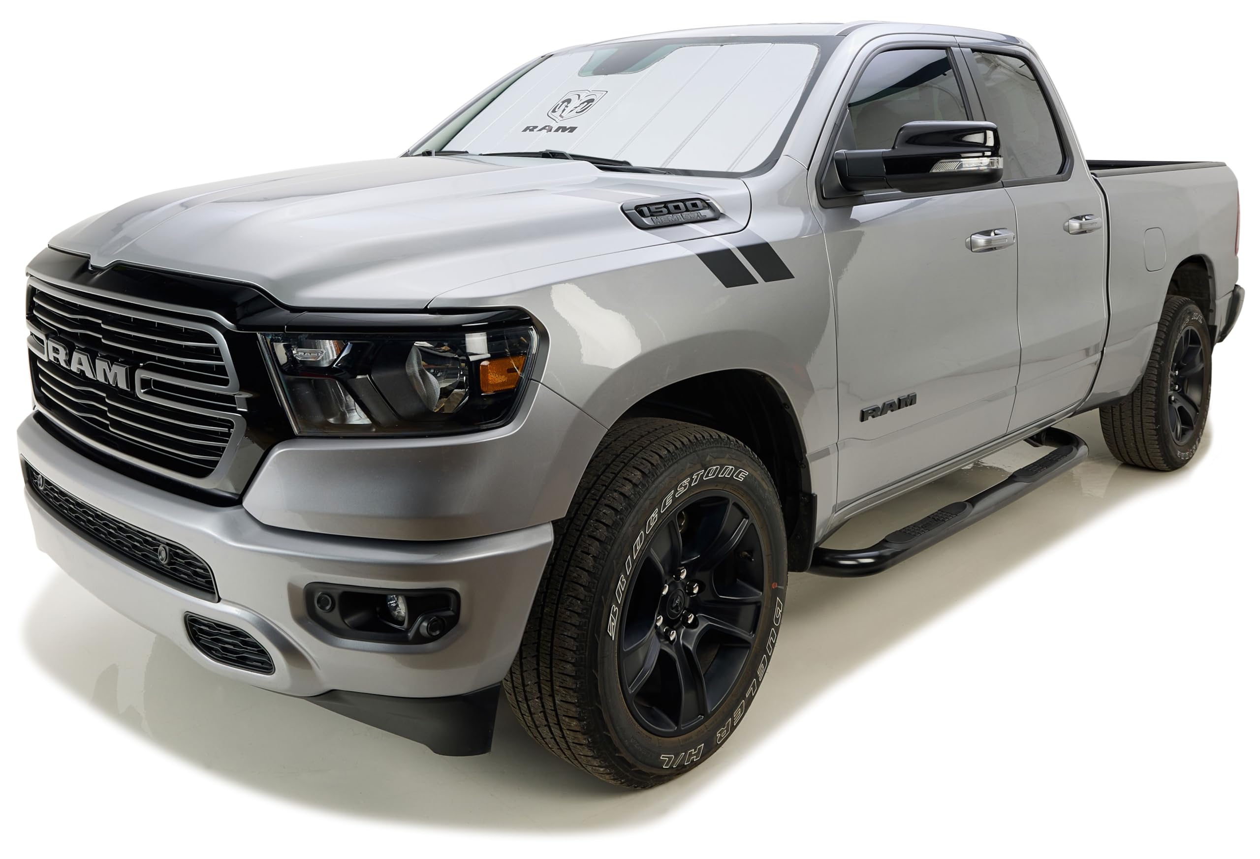 Covercraft Ram Truck Stacked Logo UVS100 Original Windshield Sunscreen for 2019-2024 Ram 1500 w/Large 10 Inch Wide Sensor Attached to Rearview Mirror - Silver - Image 3